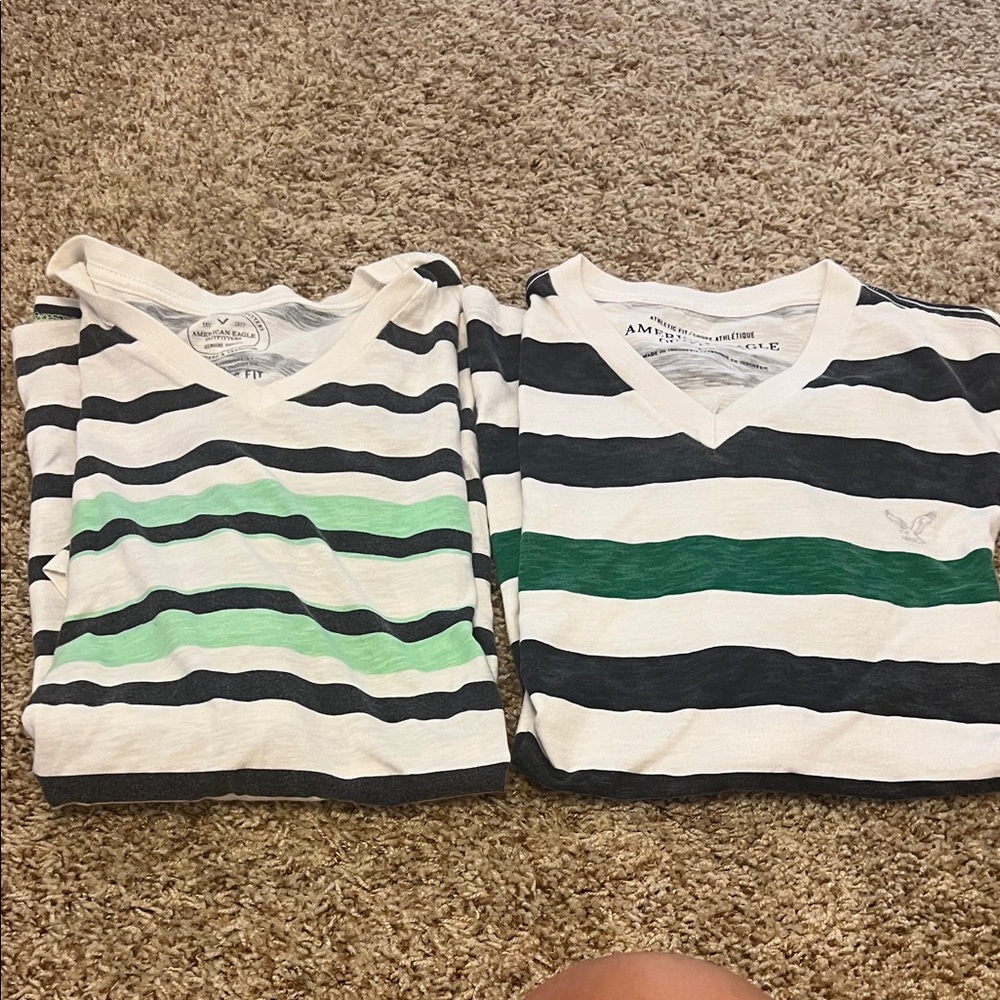2 Large, American Eagle Outfitters Striped V-Neck Tees - Green and Navy